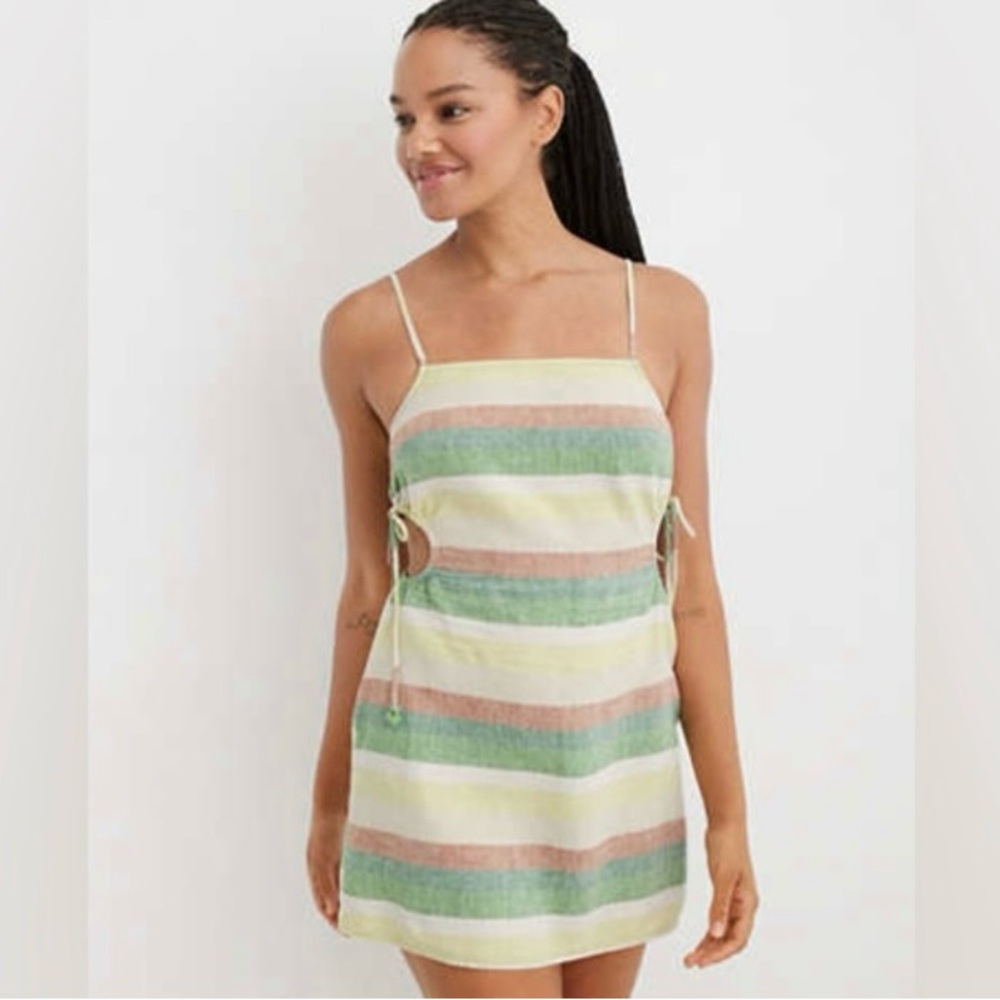 Aerie Linen Blend Cut Out Smocked Striped Mini Dress Beach Vacay Vibes Size XL